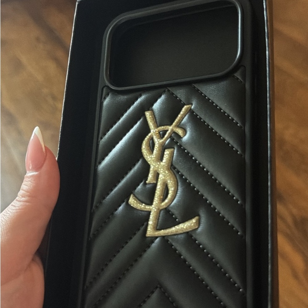 Saint Laurent Quilted Black Leather iPhone 17 pro max Case with Gold YSL Logo